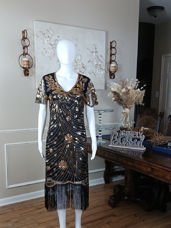 Black & Gold Art Deco Floral Cocktail Fringe V-Neck Beaded Dress New Large - Picture 4 of 16